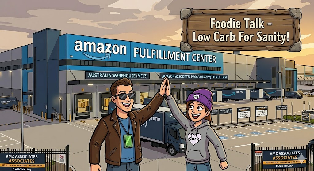 Damo and Gemzy Too high-five at Amazon Fulfillment Center — Foodie Talk Low Carb For Sanity sign