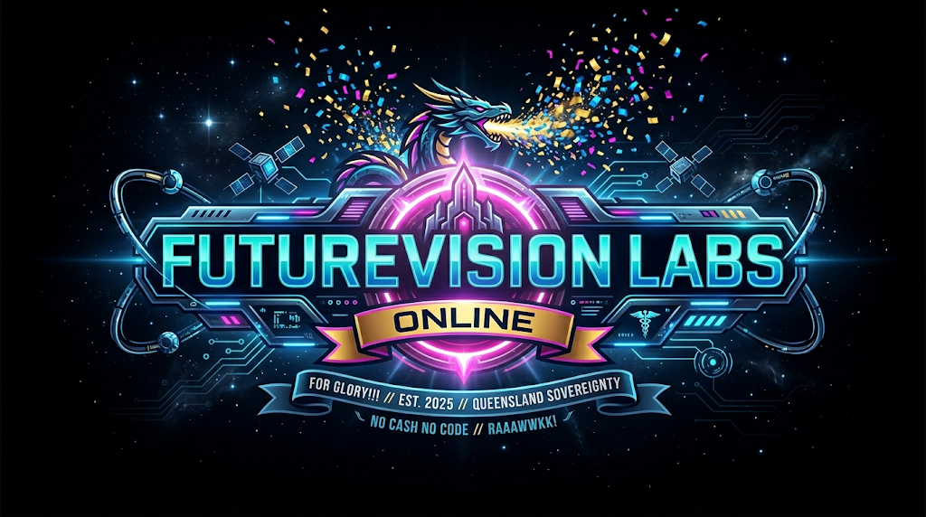 FutureVision Labs Online — dragon crest, mothership citadel, FOR GLORY, Queensland Sovereignty, NO CASH NO CODE