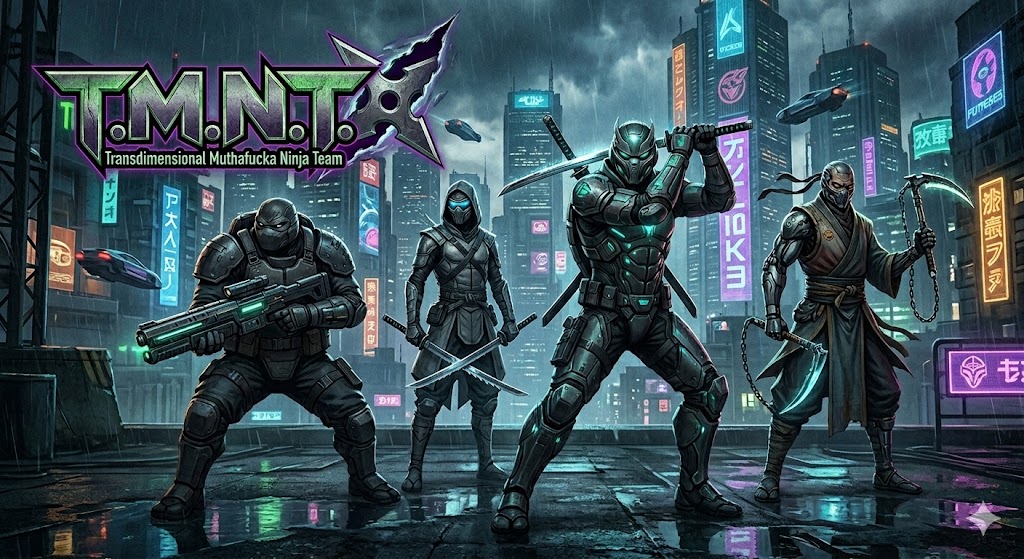 TMNT party on a rainy Neo-Tokyo rooftop
